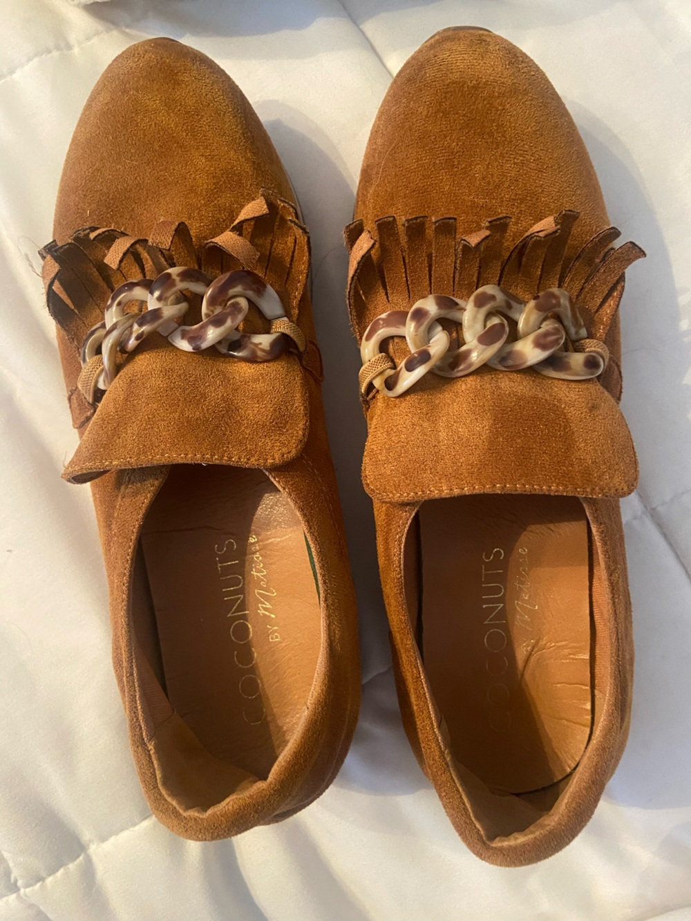 Coconuts by Matisse Cognac Suede Fringe Loafers with Tortoiseshell Chain